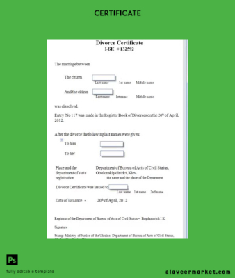 Ukrayna Department of Bureau of acts of civil status divorce Sertifika