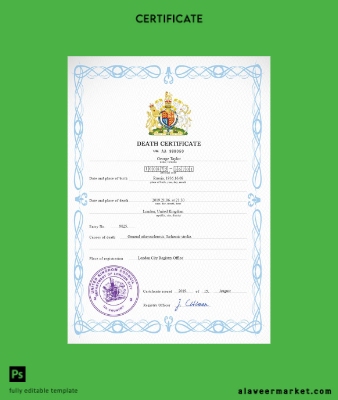 United Kingdom death Sertifika PSD Şablon completely Düzenlenebilir