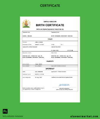 United Kingdom vital record birth Sertifika Word and PDF Şablon