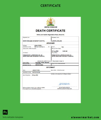 United Kingdom vital record death Sertifika Word and PDF Şablon