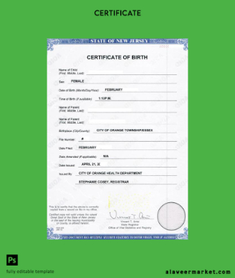 United States Department of Sağlık of Yeni Jersey birth Sertifika