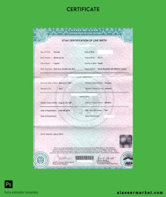 United States State office of Utah Vital Statistics certification of birth