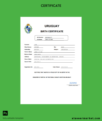 Uruguay vital record birth Sertifika Word and PDF Şablon