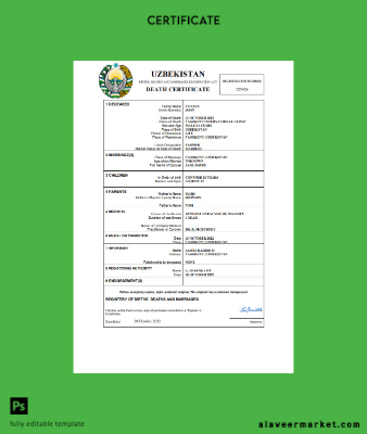 Özbekistan vital record death Sertifika Word and PDF Şablon