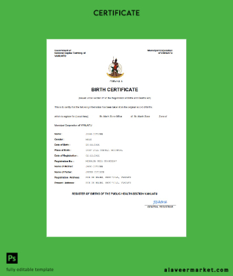Vanuatu birth Sertifika Word and PDF Şablon