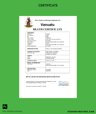 Vanuatu death Sertifika Word and PDF Şablon