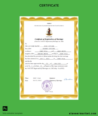 Vanuatu marriage Sertifika Word and PDF Şablon