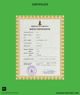 Vanuatu vital record birth Sertifika PSD Şablon