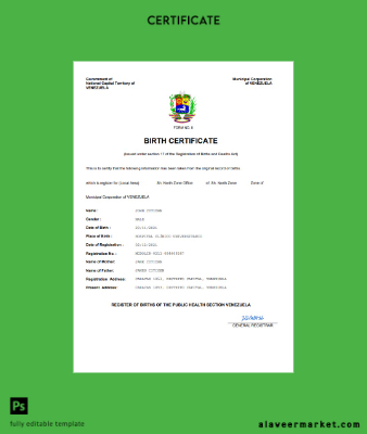 Venezuela vital record birth Sertifika Word and PDF Şablon