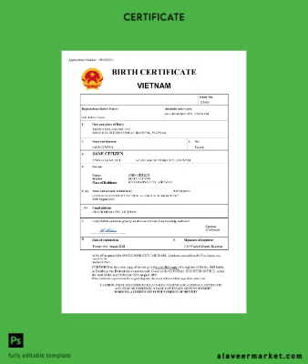 Vietnam birth Sertifika Word and PDF Şablon
