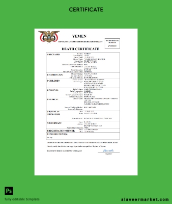 Yemen death Sertifika Word and PDF Şablon