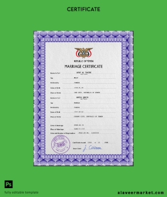 Yemen marriage Sertifika PSD Şablon