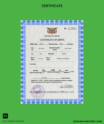 Yemen vital record birth Sertifika PSD Şablon