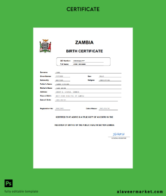 Zambia birth Sertifika Word and PDF Şablon