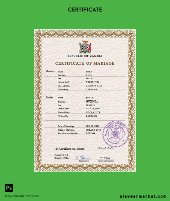 Zambia marriage Sertifika PSD Şablon