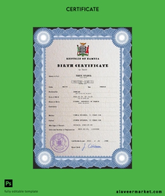 Zambia vital record birth Sertifika PSD Şablon