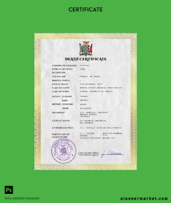 Zambia vital record death Sertifika PSD Şablon