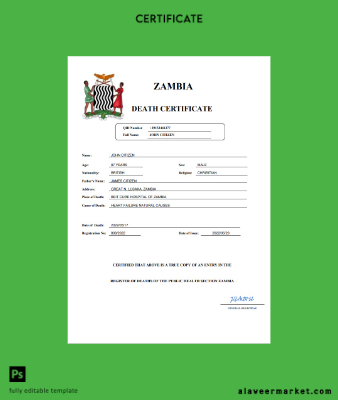 Zambia vital record death Sertifika Word and PDF Şablon