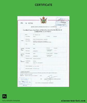 Zimbabwe birth Sertifika Şablon in PSD format