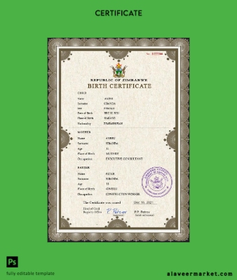 Zimbabwe vital record birth Sertifika PSD Şablon