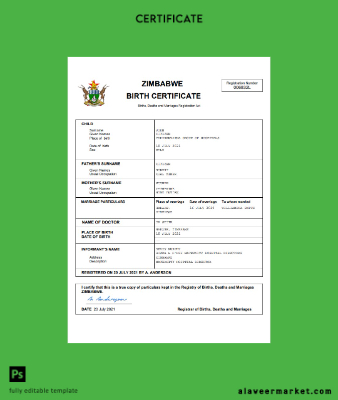 Zimbabwe vital record birth Sertifika Word and PDF Şablon