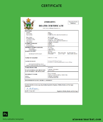 Zimbabwe vital record death Sertifika Word and PDF Şablon