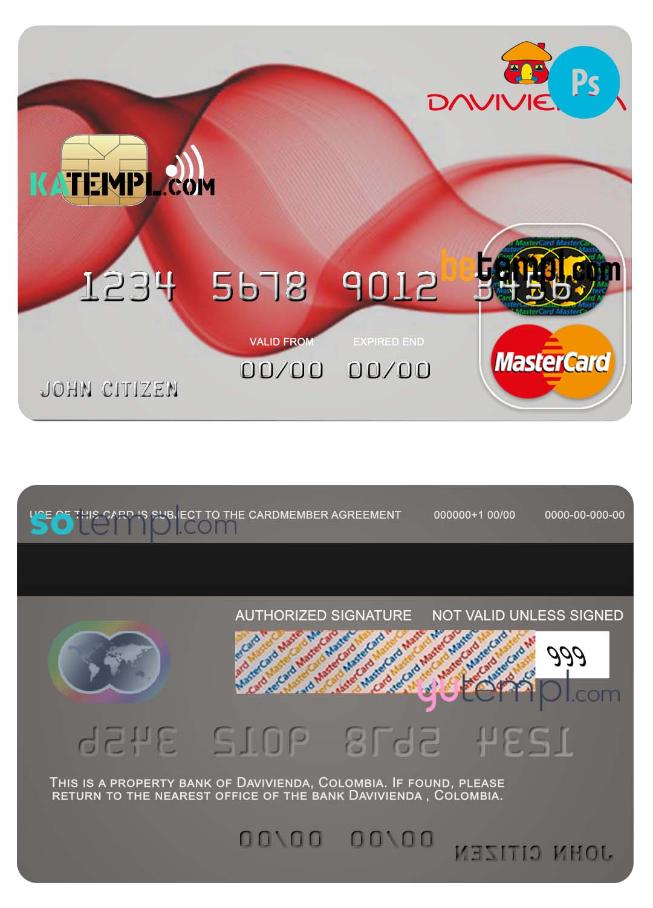 Colombia Davivienda bank mastercard credit card template in PSD format, fully editable