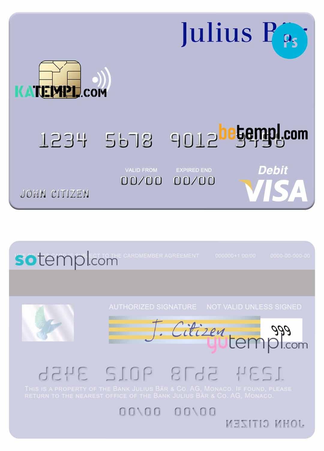 Monaco Julius B_r & Co. AG bank visa debit card, fully editable template in PSD format
