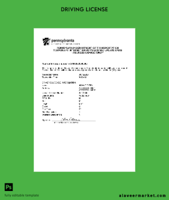 USA Pennsylvania Department of Transportation - interim Sürücü Belgesi İzni