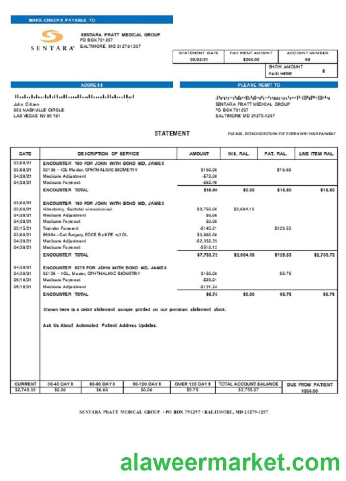 USA Sentara Pratt Medical Group billing statement