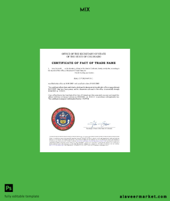USA Colorado Sertifika of fact of trade name