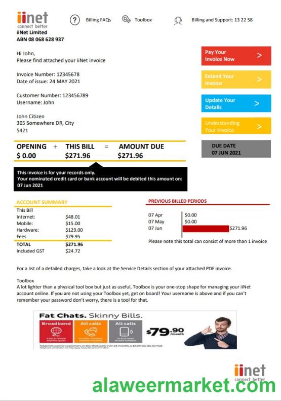 Australia iiNet utility bill