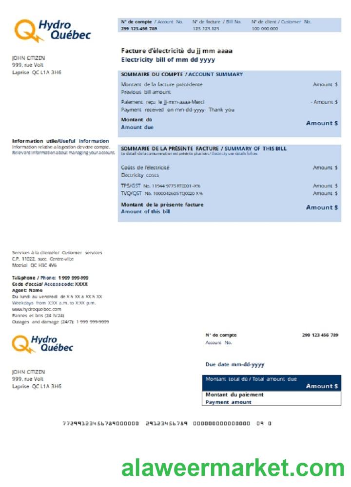 Canada Hydro-Qu_bec utility bill template in .doc and .pdf format