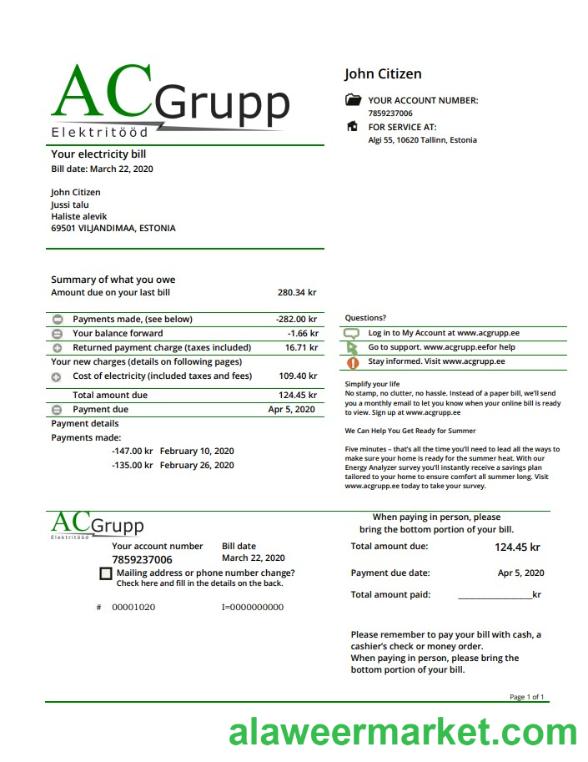 Estonia AC Grupp O_ electricity utility bill template in Word and PDF format