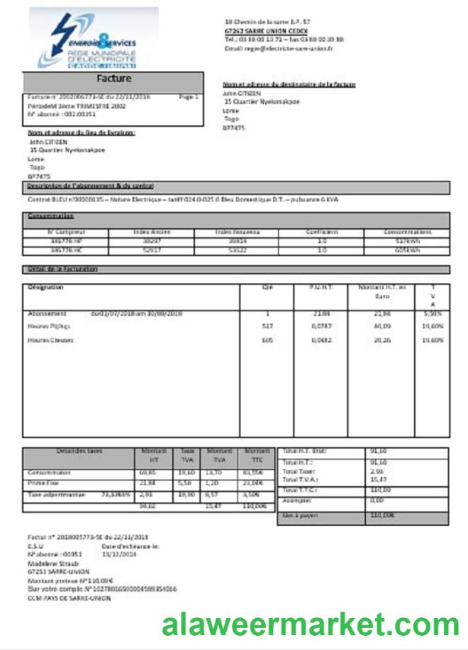 France Energies & Services R_gie Municipal d_ Electricit_ Sarre-Union electricity utility bill