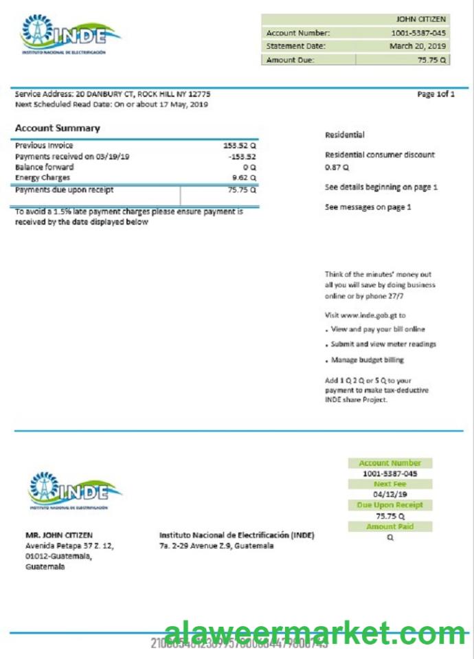 Guatemala INDE Instituto Nacional de Electrificaci_n electricity utility bill