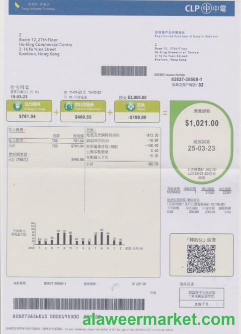 Hong Kong CLP power utility bill in PSD format