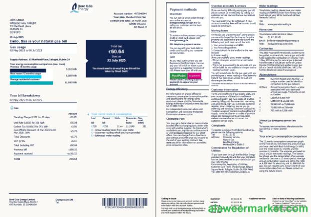 Ireland Bord G_is Energy utility bill template in Word and PDF formats, 2 pages, version 2