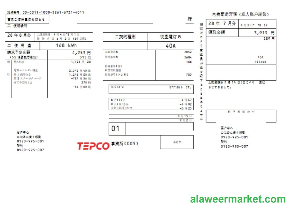 Japan Tokyo Electric Power Company (TEPCO) electricity utility bill template in Word and PDF format ( ____________________)