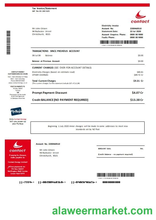 New Zealand Contact Energy proof of energy template in Word and PDF format