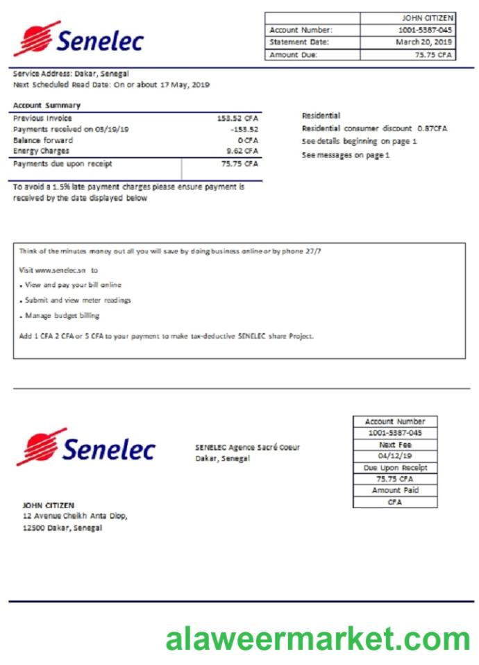 Senegal Senelec Agence Sacr_ Coeur Company electricity utility bill template in Word and PDF format