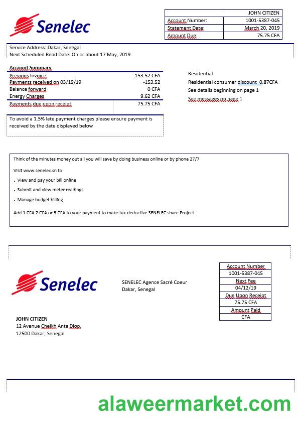 Senegal Senelec Agence Sacr_ Coeur electricity bill in Word format