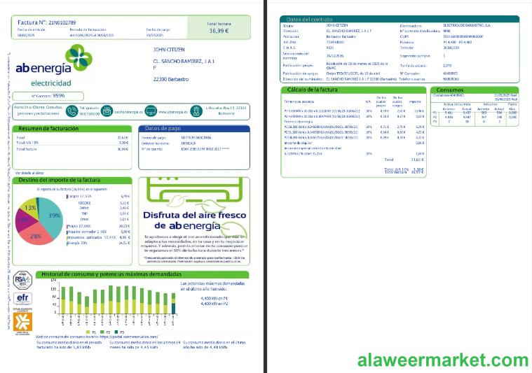 Spain Abenerg_a utility bill template in Word and PDF formats, 1-2 pages