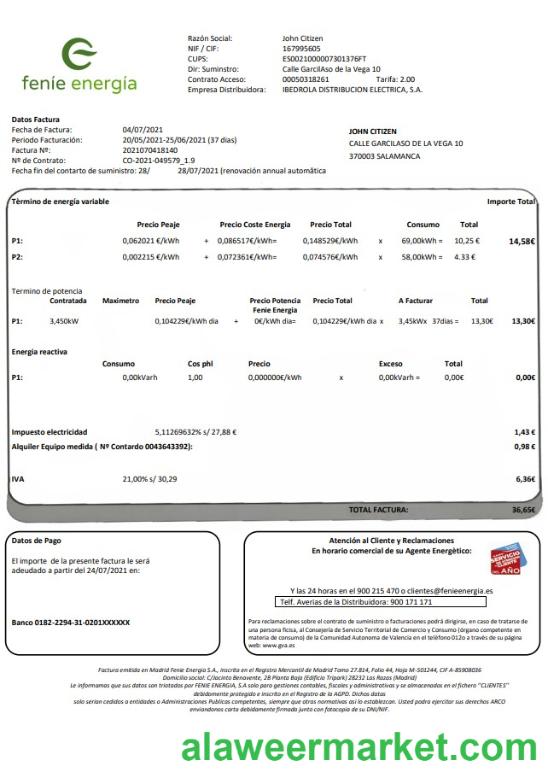 Spain Fen_e Energ_a utility bill template in Word and PDF format
