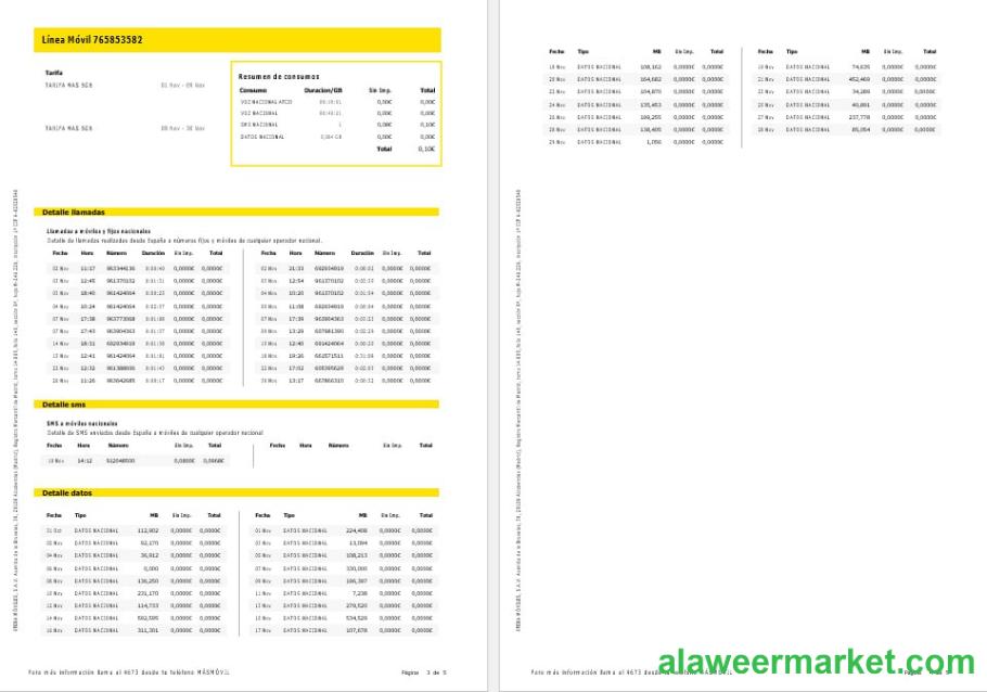 Spain Masmovil internet and mobile utility bill Word and PDF formats, 5 pages.