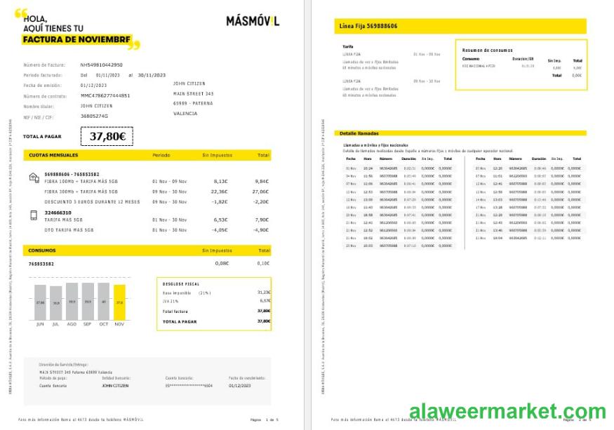 Spain Masmovil internet and mobile utility bill Word and PDF formats, 5 pages