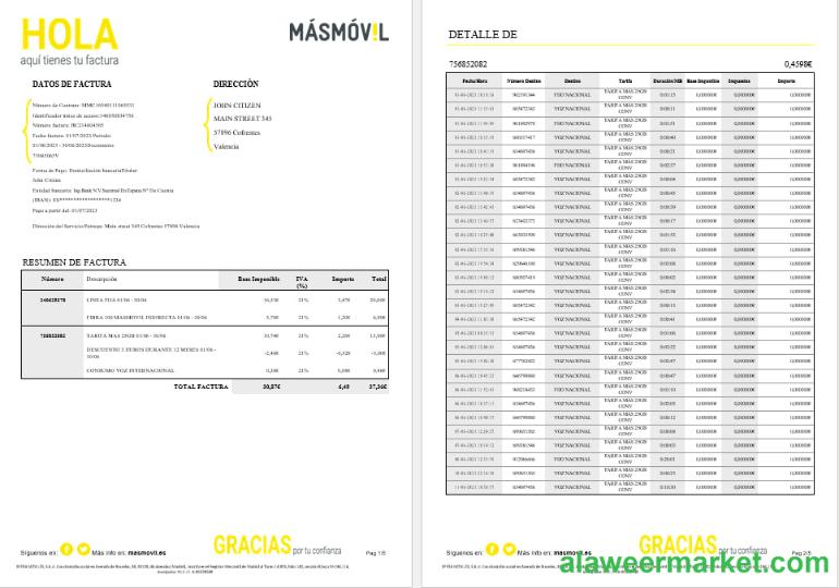 Spain Masmovil internet utility bill Word and PDF formats, 6 pages