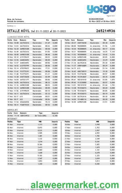 Spain Yoigo internet utility bill in Word and PDF formats, 3 pages.