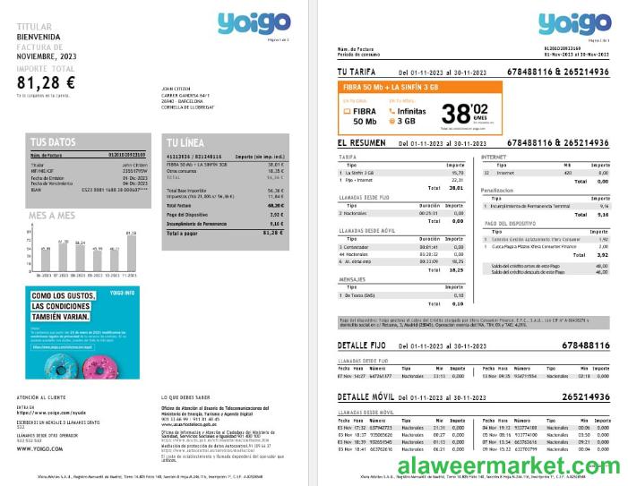 Spain Yoigo internet utility bill in Word and PDF formats, 3 pages