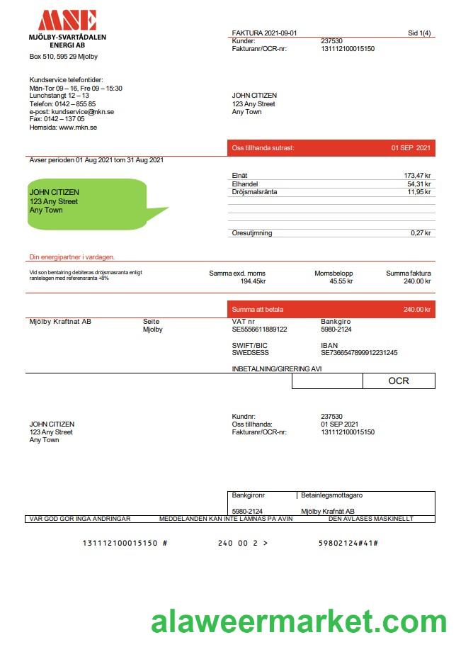 Sweden Mj_lby Kraftnat AB utility bill template in .doc and .pdf format